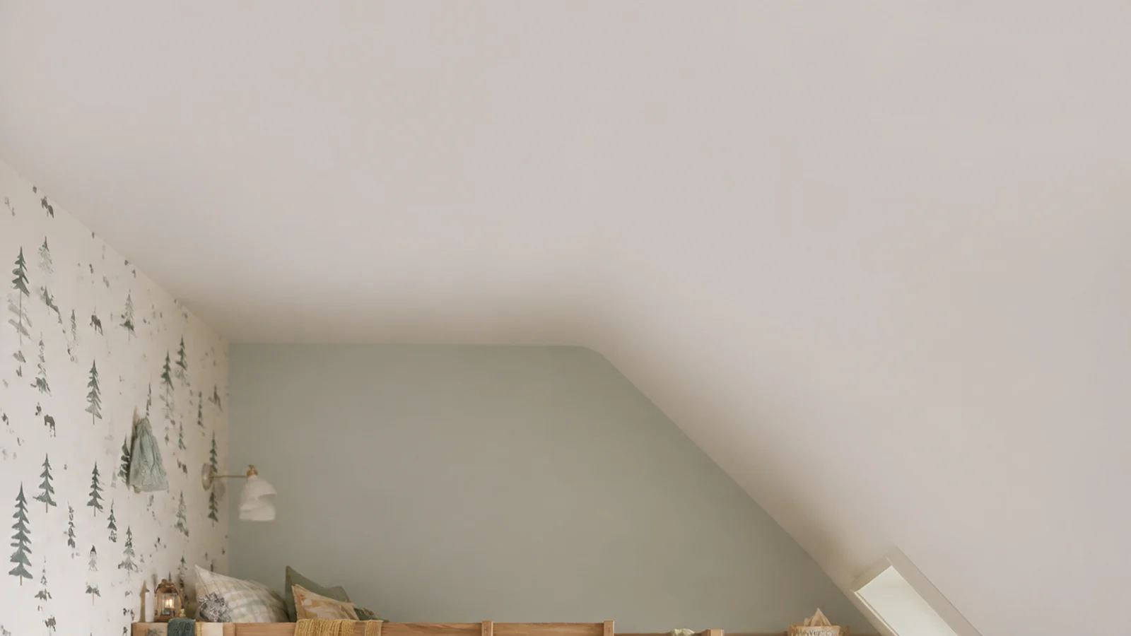 vertical view of a childs attic bedroom with bunk beds and eaves storage