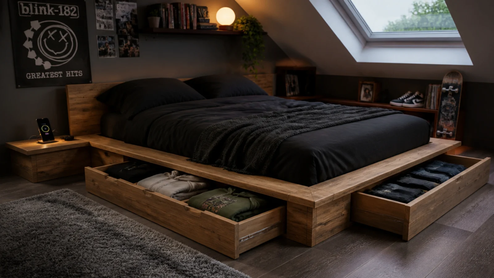 low platform bed with wide storage drawers in a teenage loft room