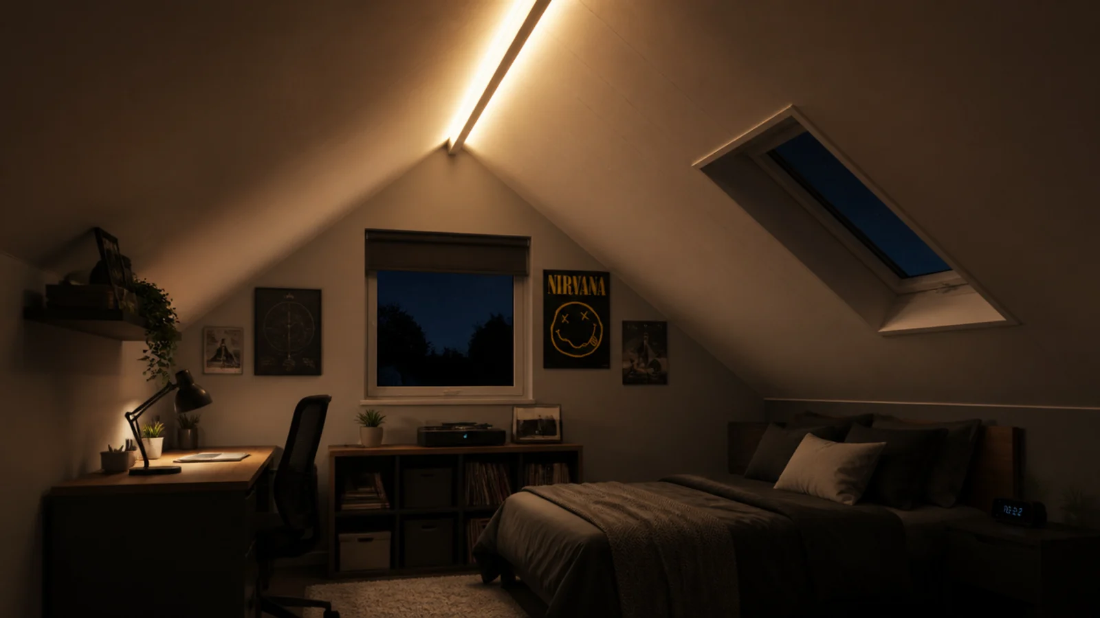 warm led strip glowing along the ridge of a teenage attic bedroom