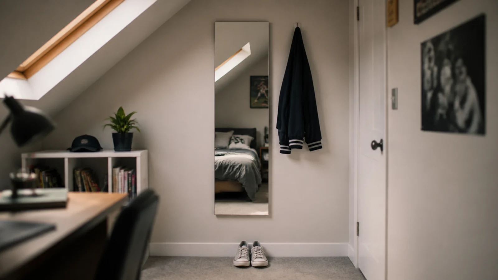 full length mirror fixed to the gable wall of a teenage loft bedroom