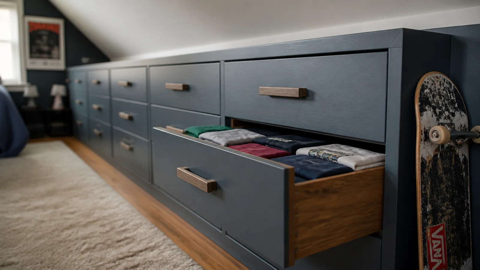 wide knee wall drawers holding a teenagers folded clothes