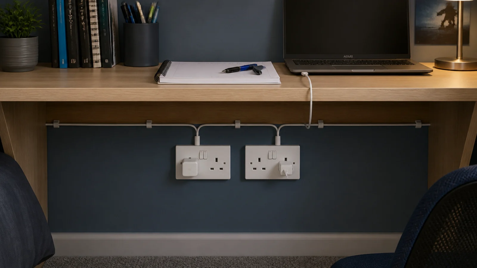 twin sockets fitted beside a teenage attic desk with cables managed