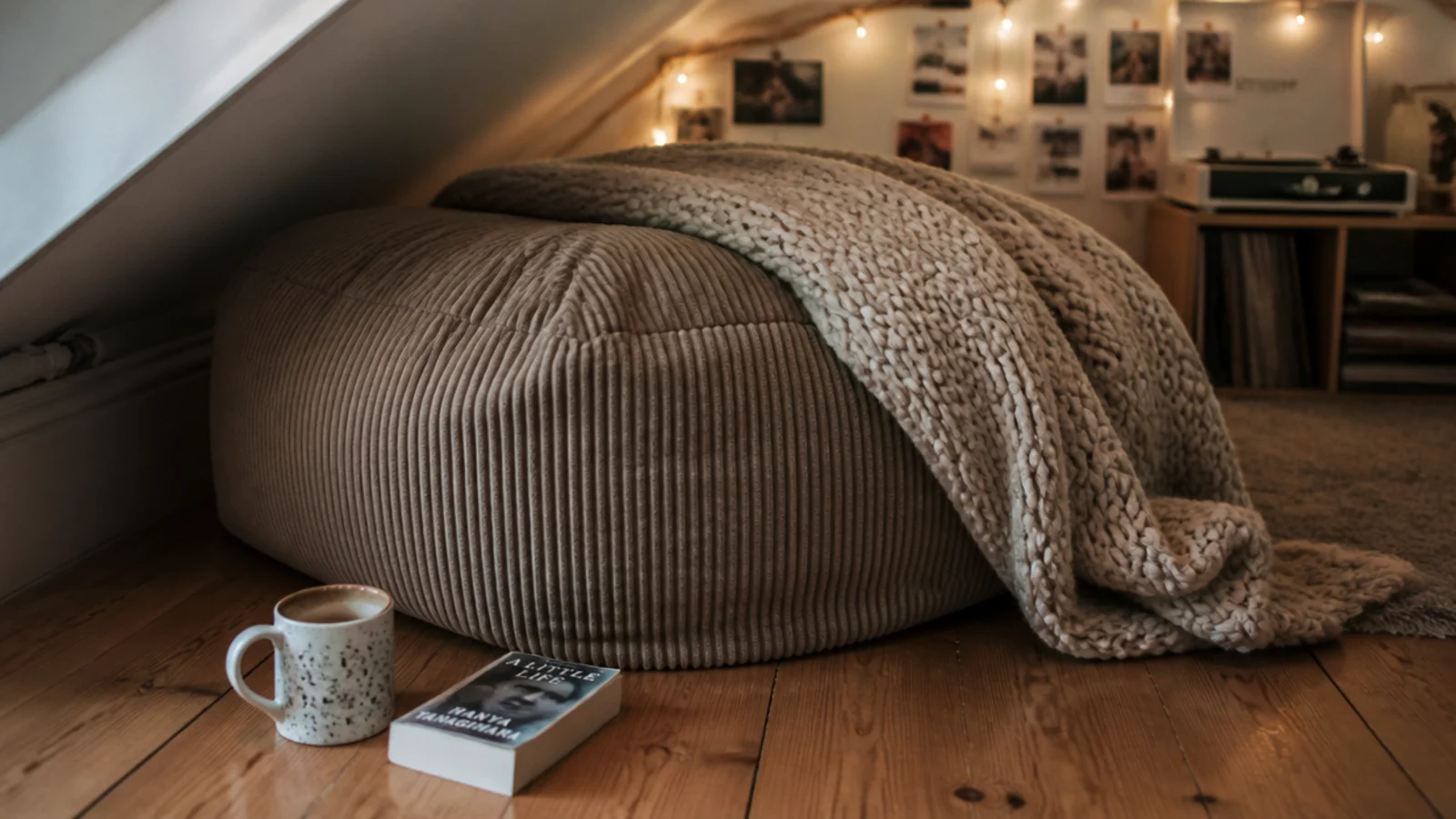 large floor cushion and throw laid under a low attic slope