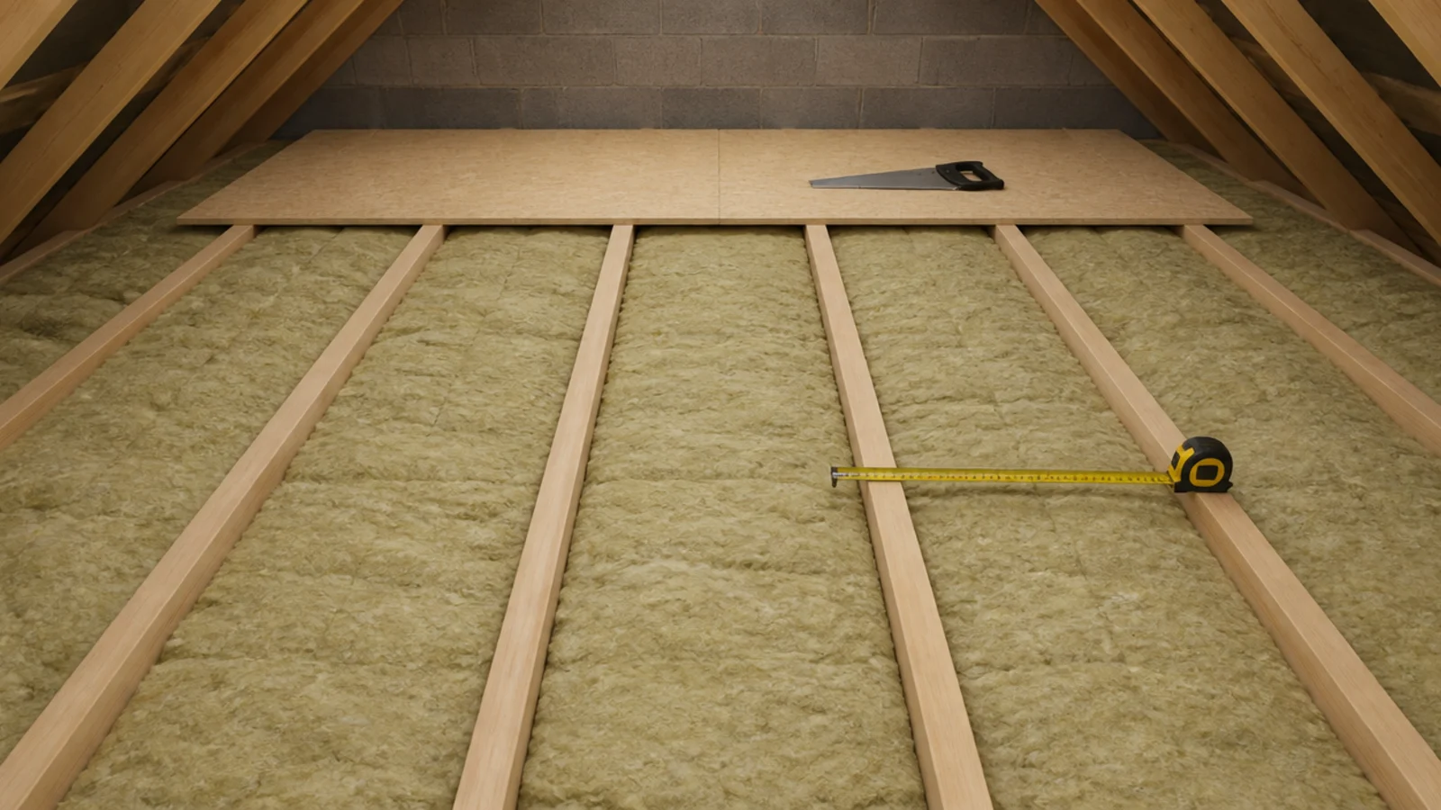 acoustic mineral wool laid between attic floor joists before boarding