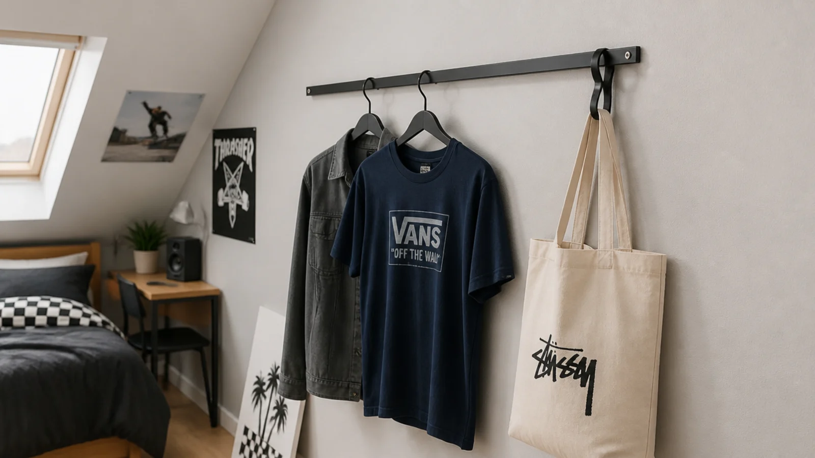wall mounted rail holding a teenagers clothes for the next day