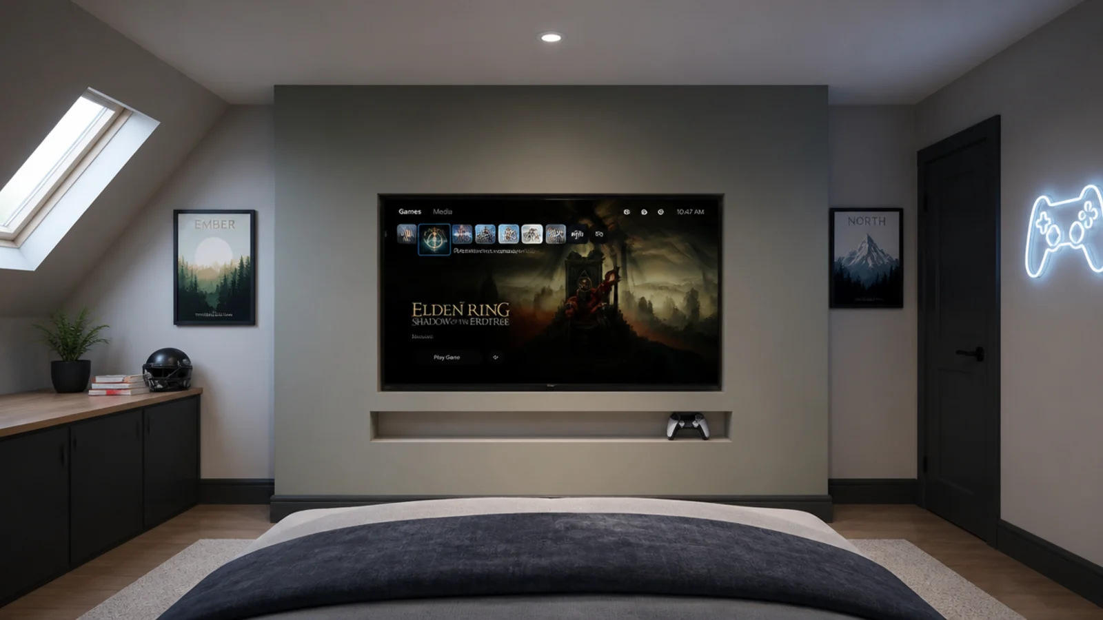 television set flush into the knee wall of a teenage attic bedroom