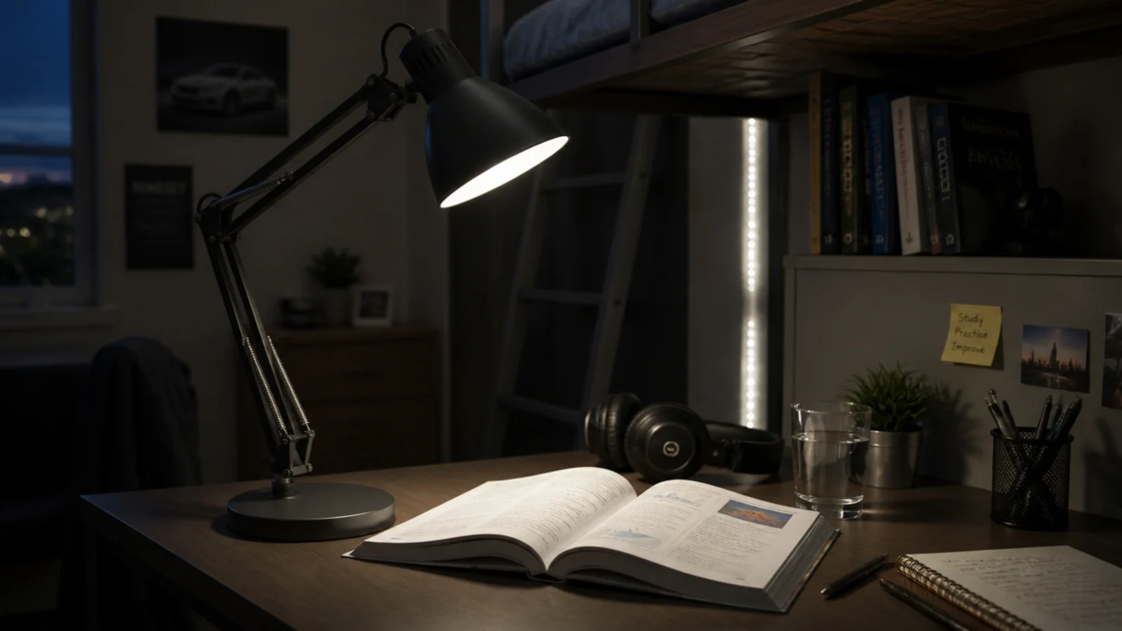 adjustable task lamp lighting a teenage attic desk in the evening
