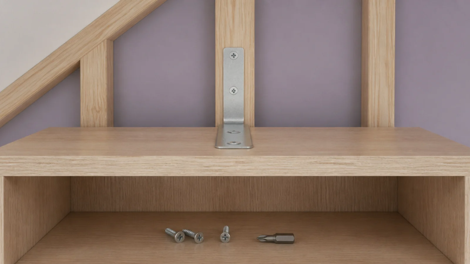 anti tip bracket screwed between a tall shelf and an attic wall