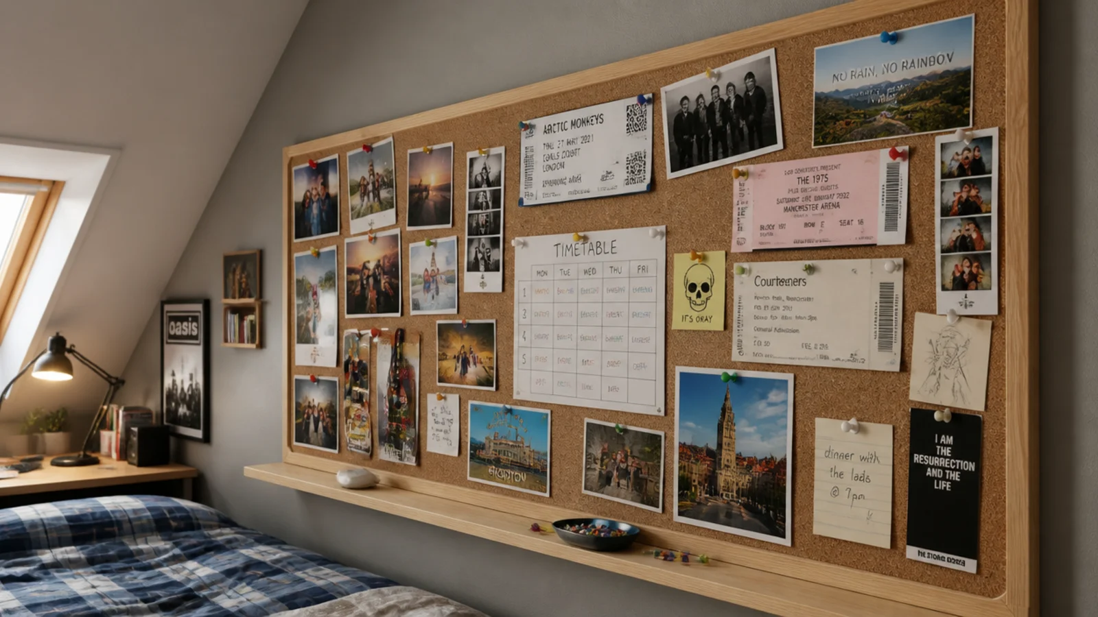 large cork pinboard covered in photos tickets and notes in a loft