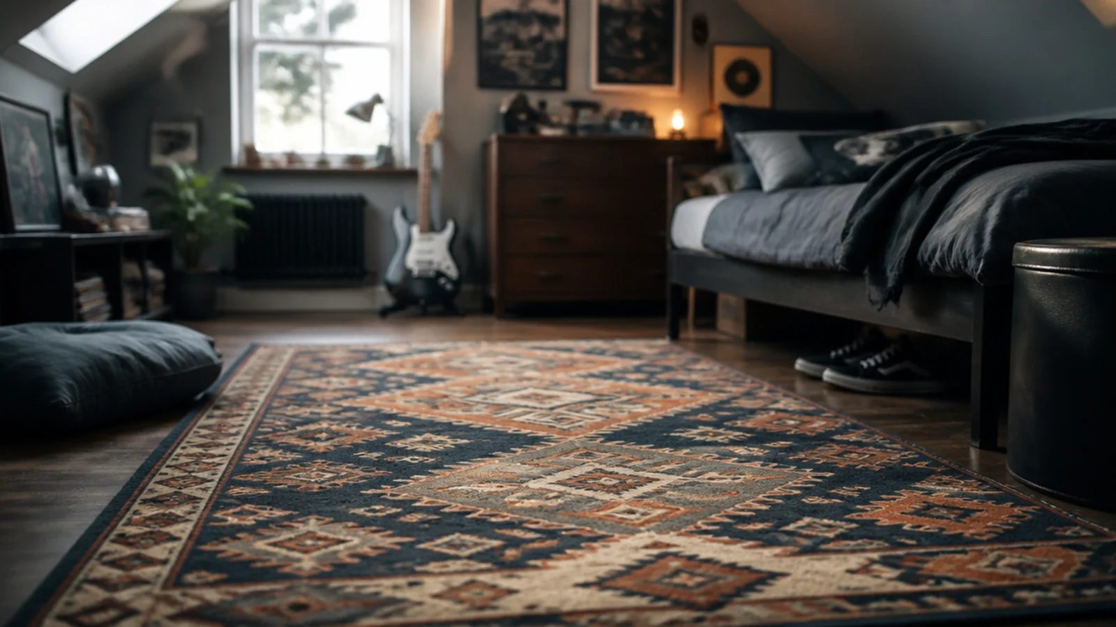 large patterned rug with underlay covering a teenage attic floor