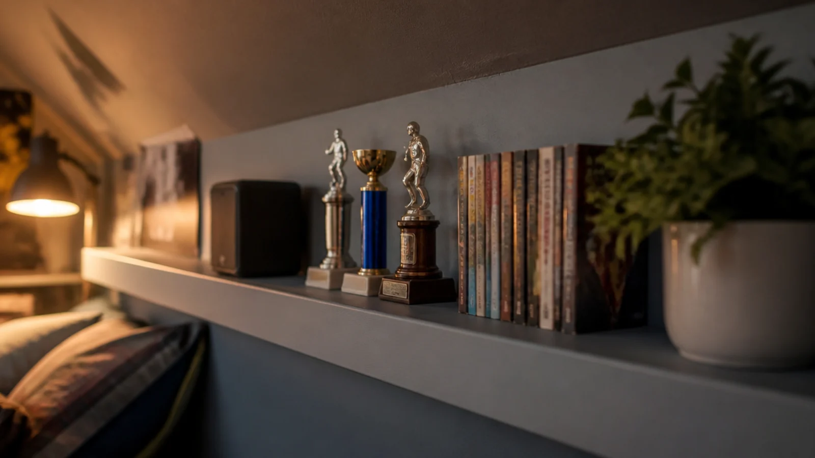 long shelf holding trophies books and speakers in a loft bedroom