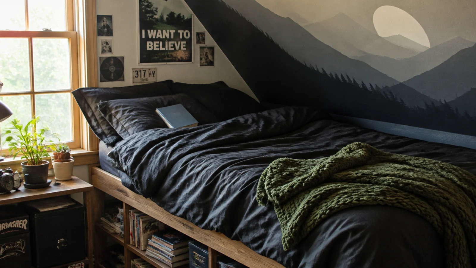 dark washable bedding on a teenage loft bed under a painted slope