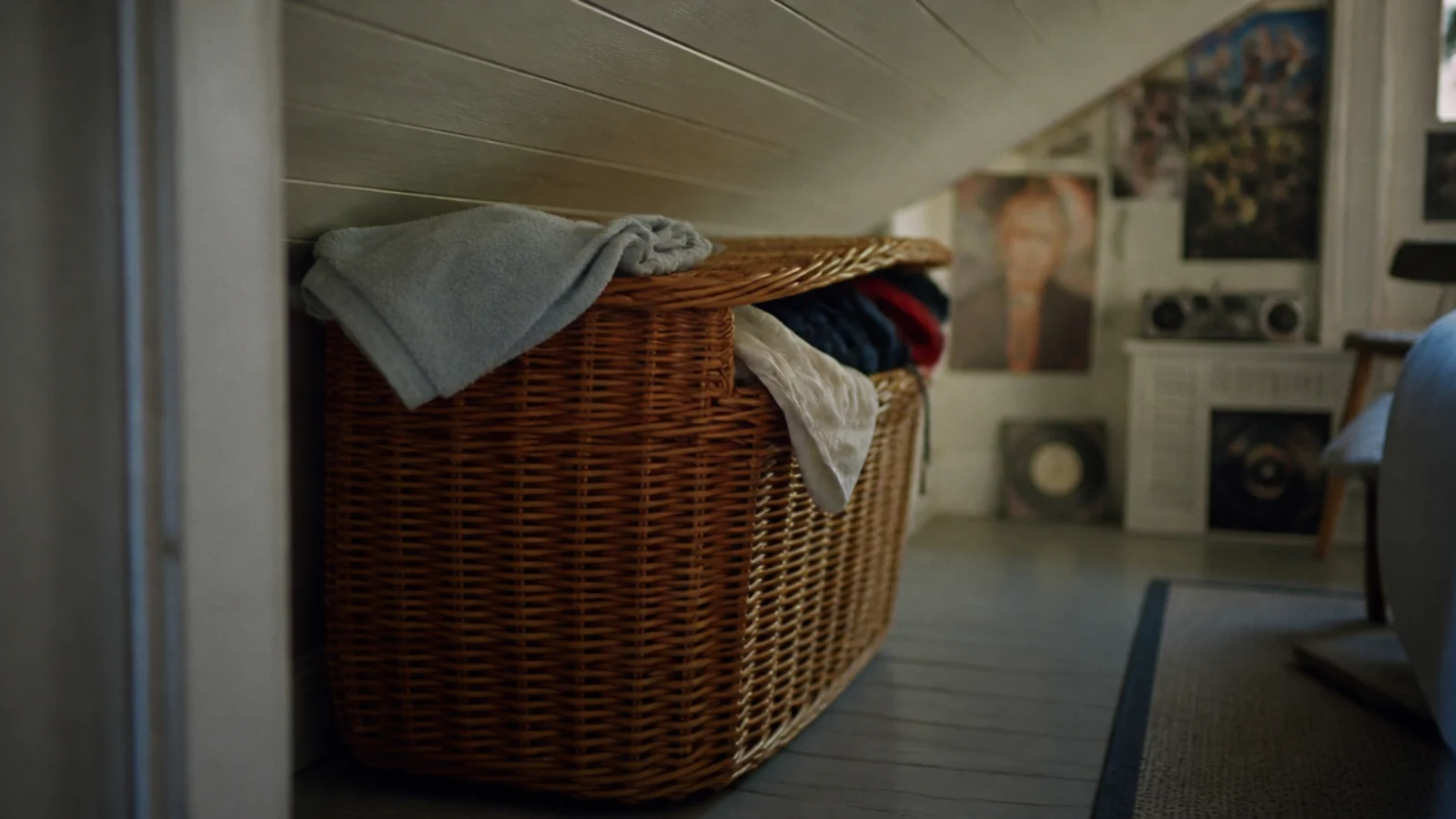 large laundry basket tucked into the low eaves of a teenage bedroom
