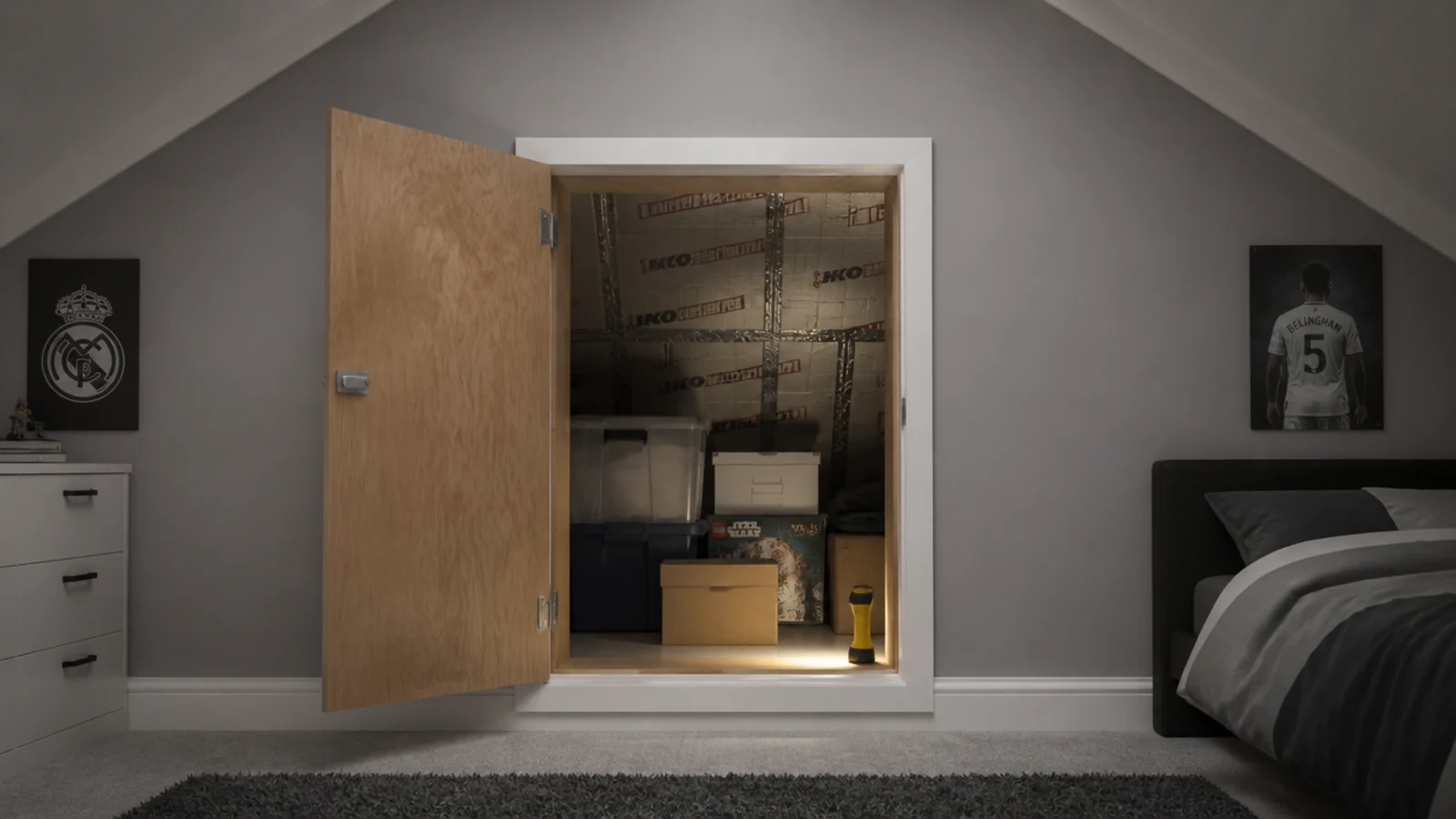 insulated eaves void visible behind an open teenage bedroom storage door