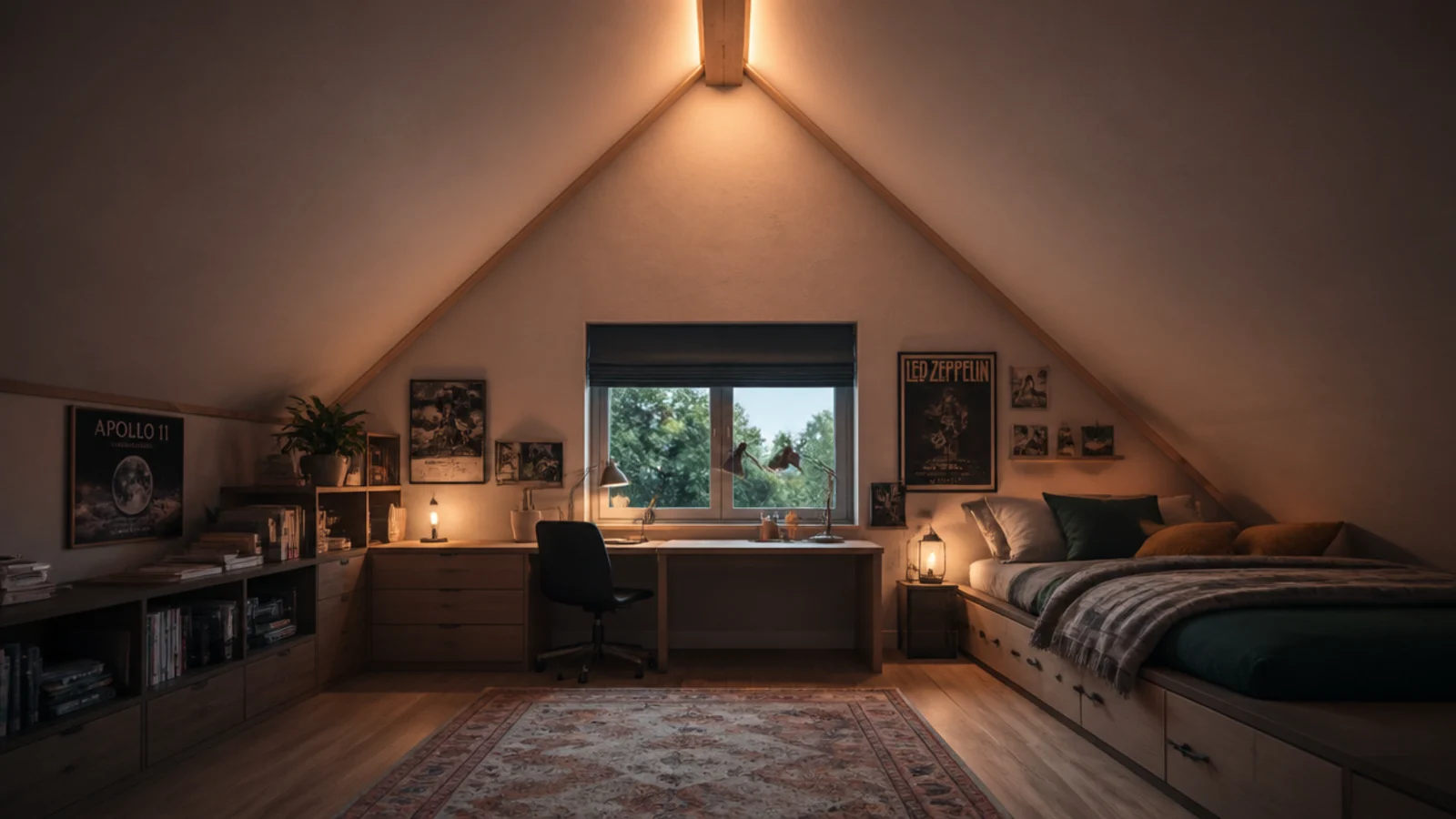 tall view of a teenage attic bedroom with desk low bed and led lighting