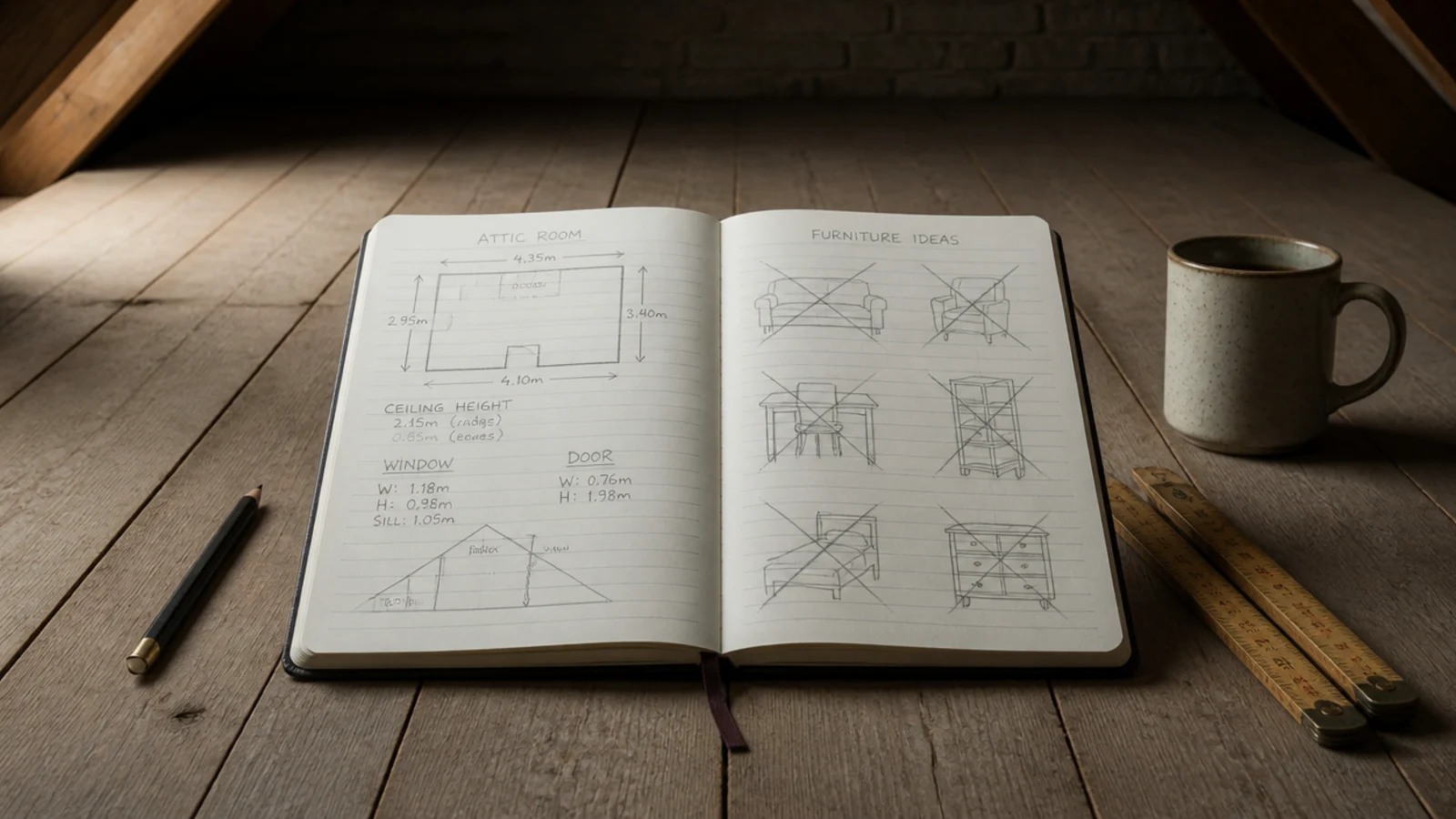 notebook of measurements and crossed out sketches on attic floorboards