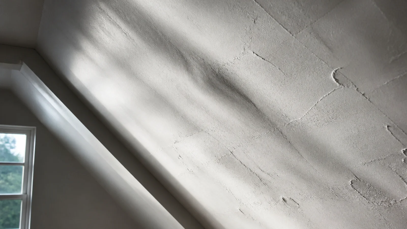 sheen on a painted attic slope revealing every ripple in the plaster