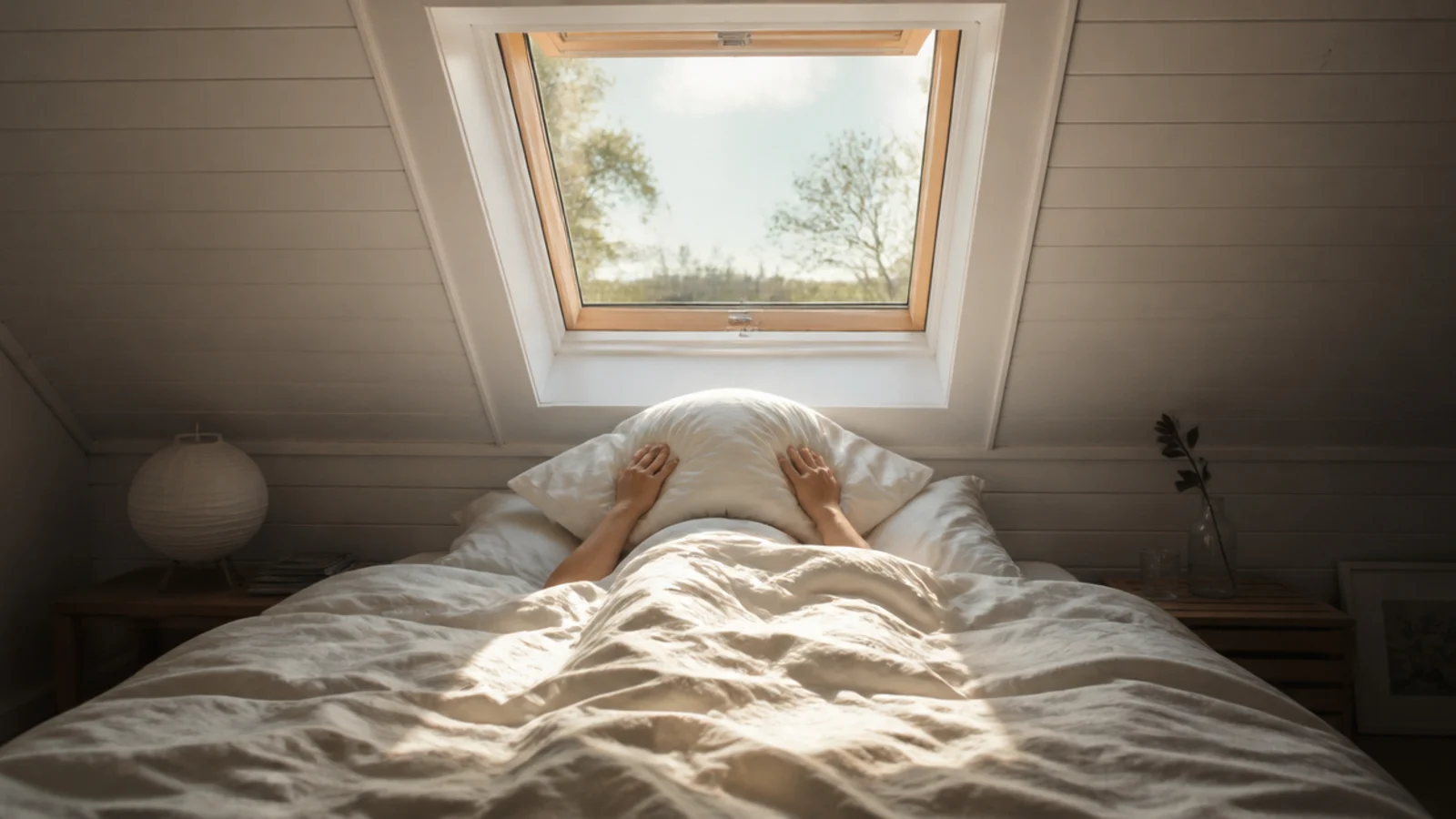 bright early daylight pouring through an unblinded attic roof window