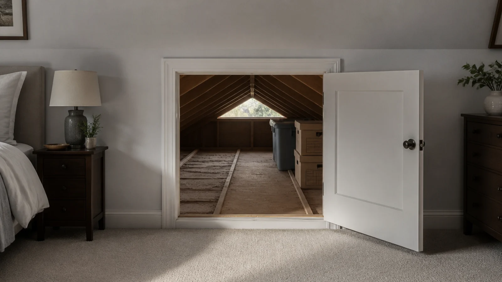 cold uninsulated void behind an attic bedroom knee wall door