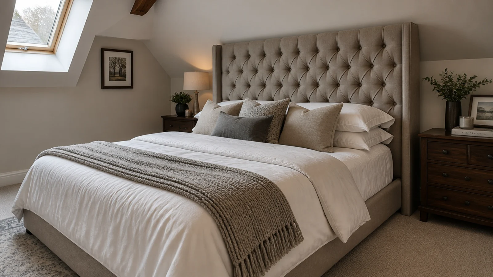 tall headboard pushing a bed out from a low attic wall