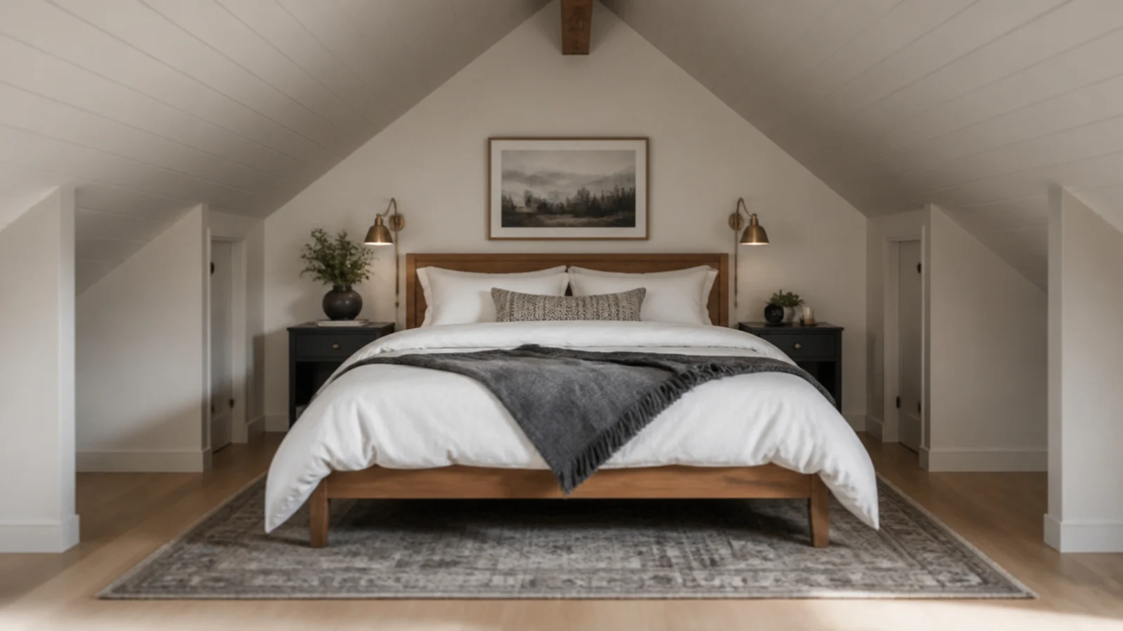 queen bed centred in a loft leaving usable floor on either side