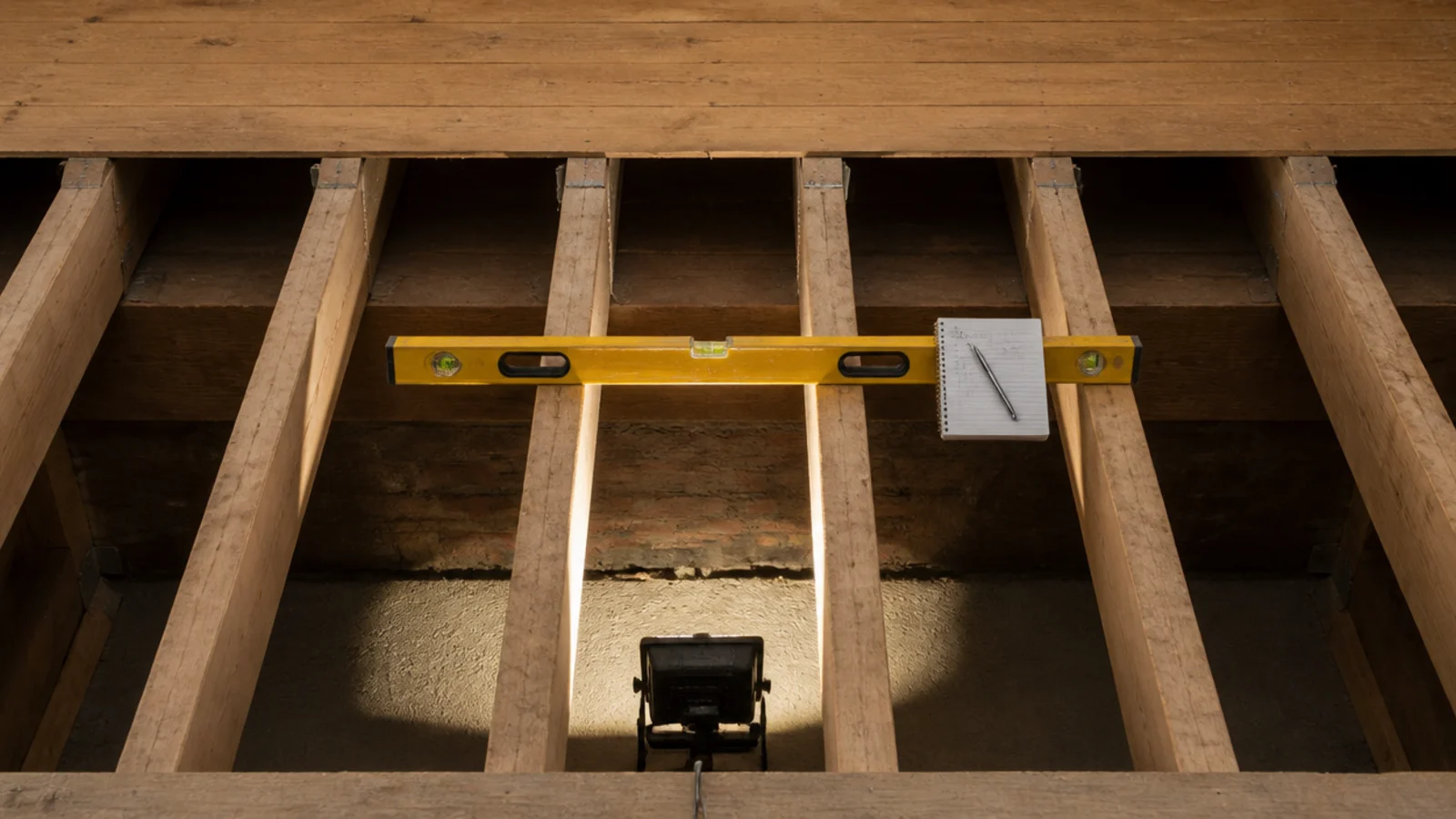 exposed loft floor joists checked with a level before bathroom work