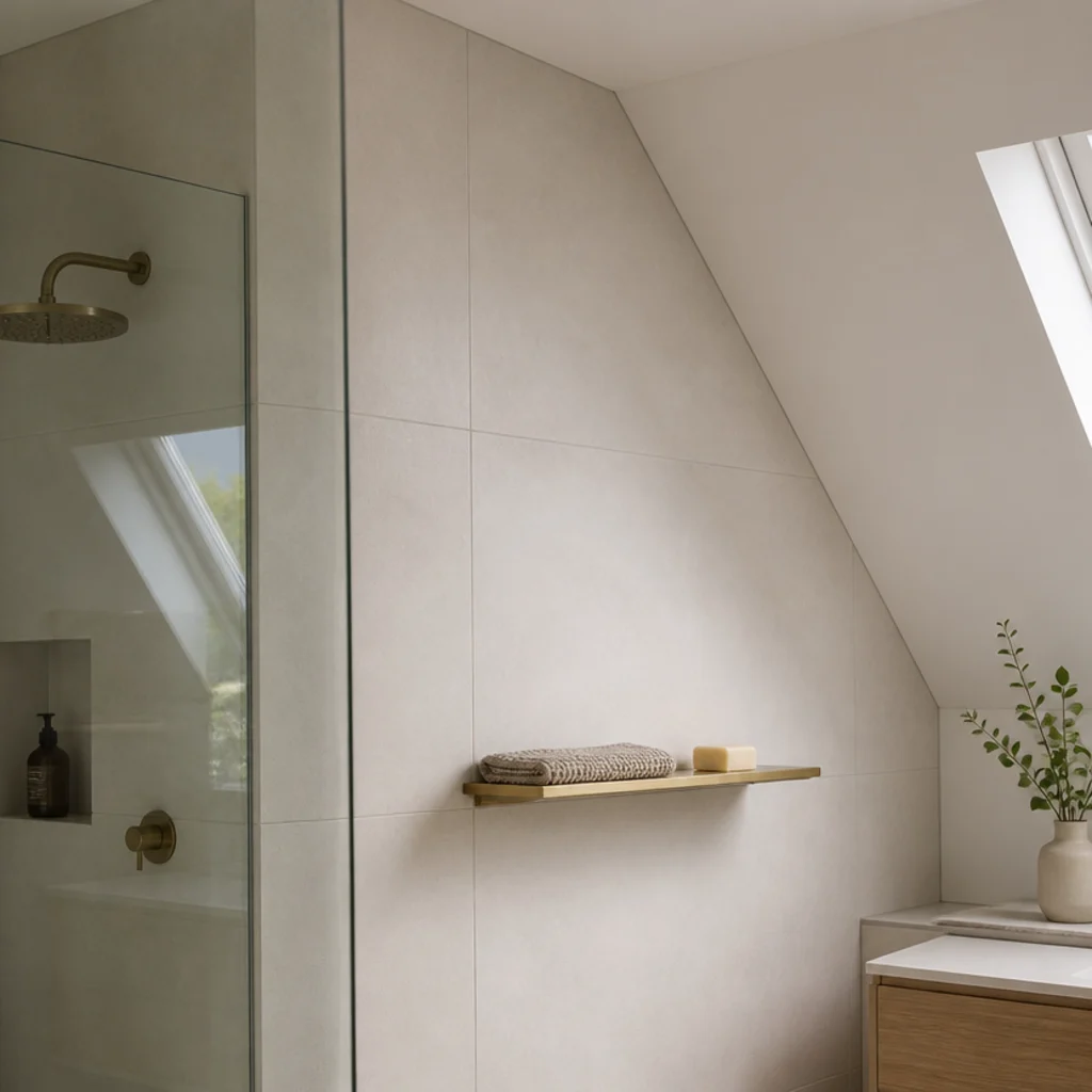 large format pale tiles running up a loft ensuite wall to the slope