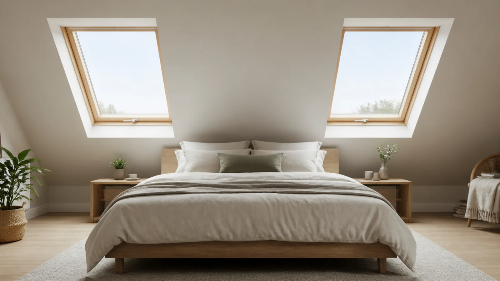 pair of matching roof windows set symmetrically into a loft slope