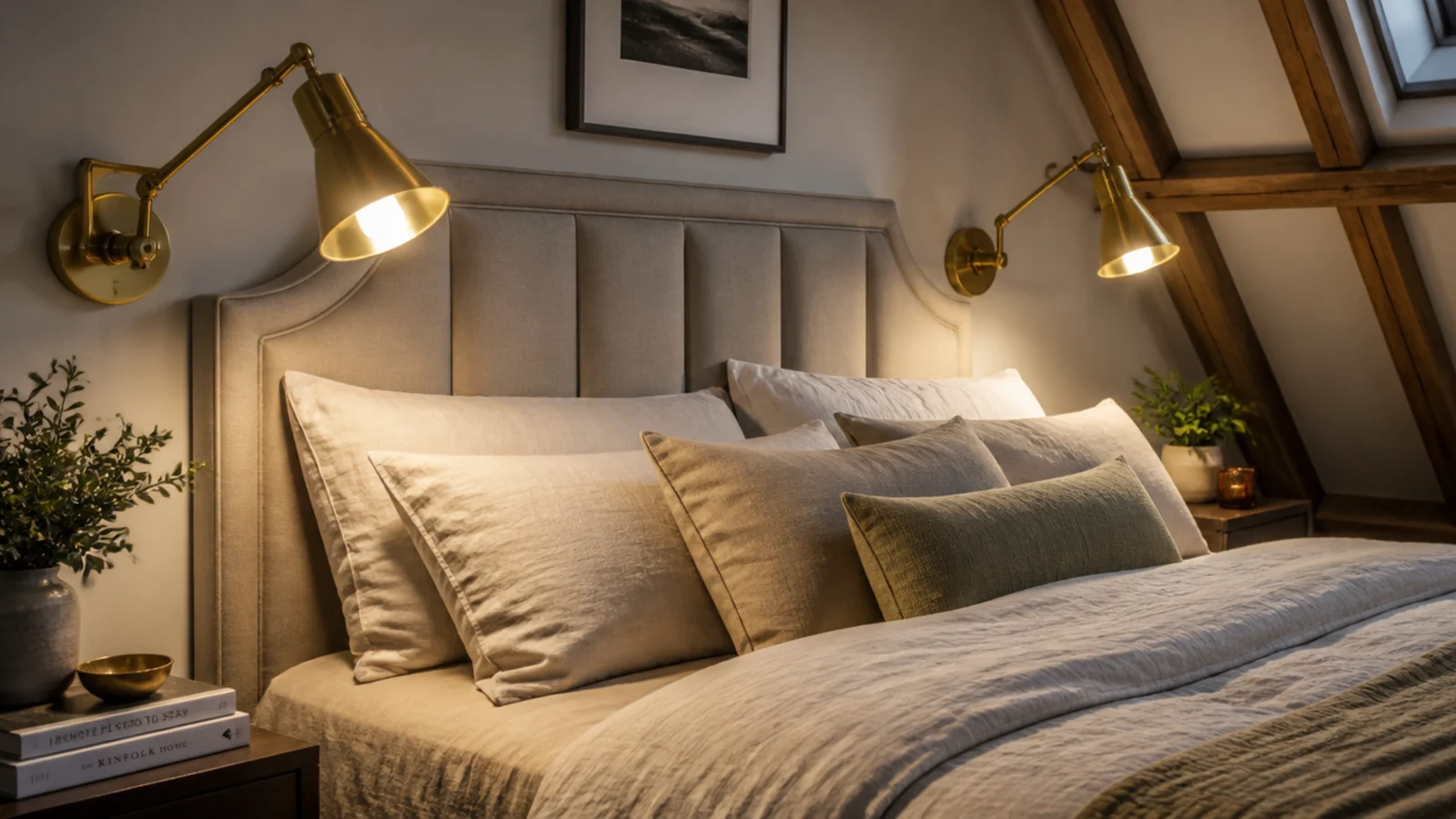 matching wall lights fixed either side of a loft master bed