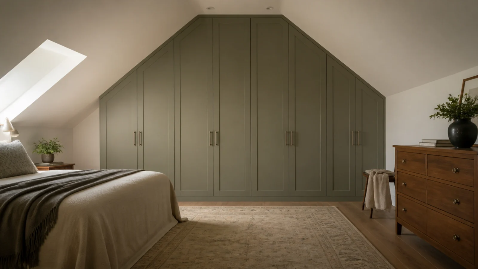 full height wardrobe run built against the flat gable wall of a loft