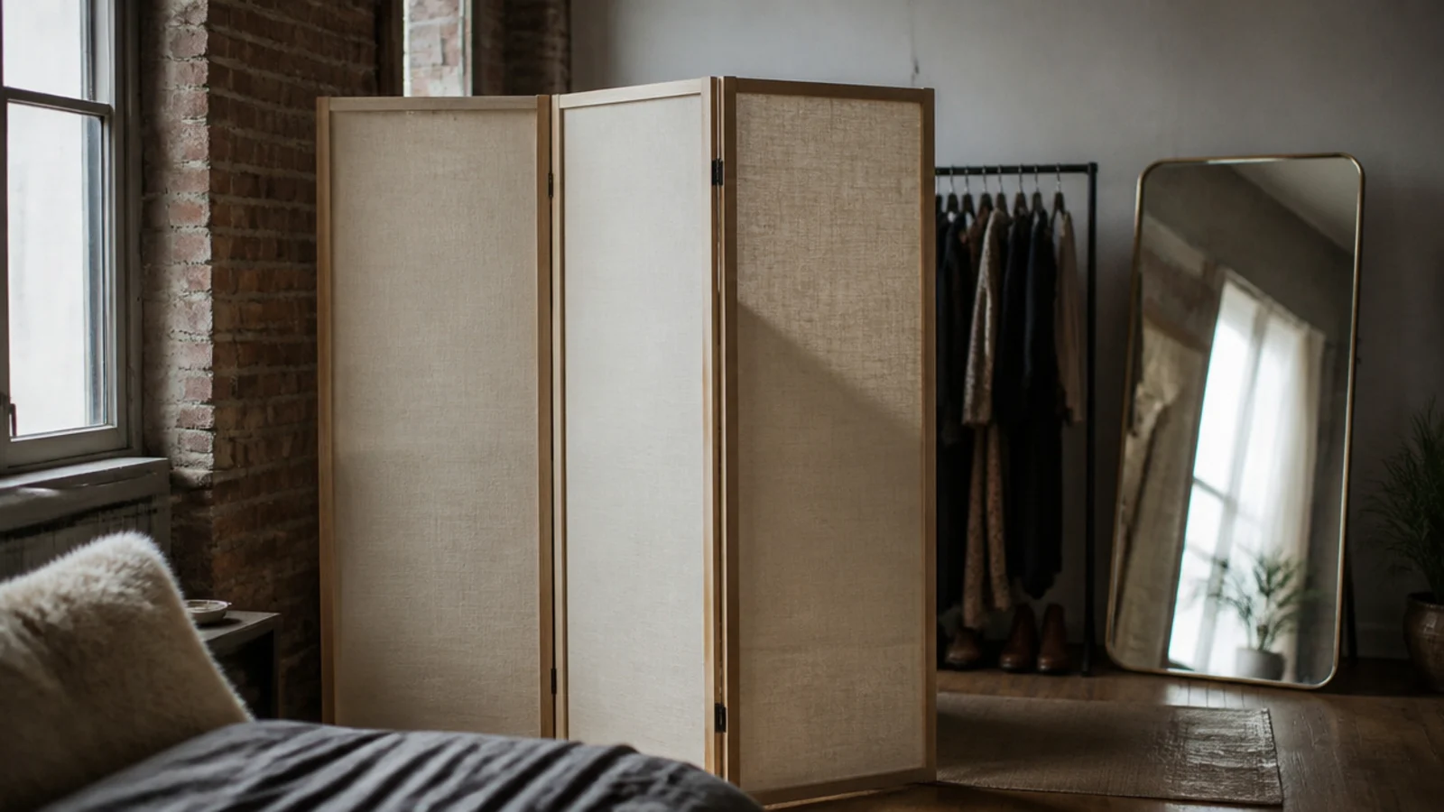 folding linen screen dividing a dressing corner in a loft bedroom