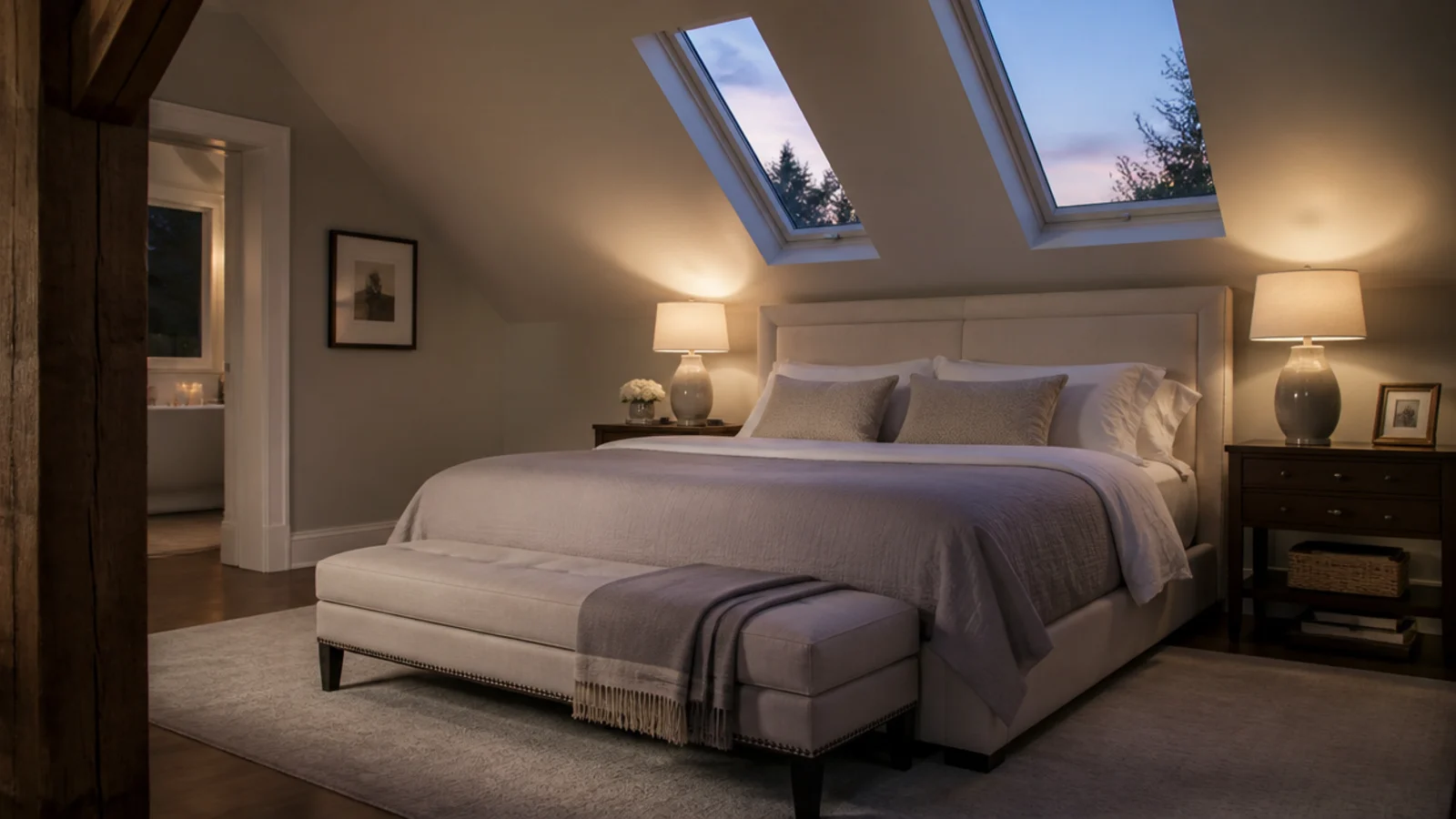 attic bedroom ideas master suite with a large bed under a wide painted slope