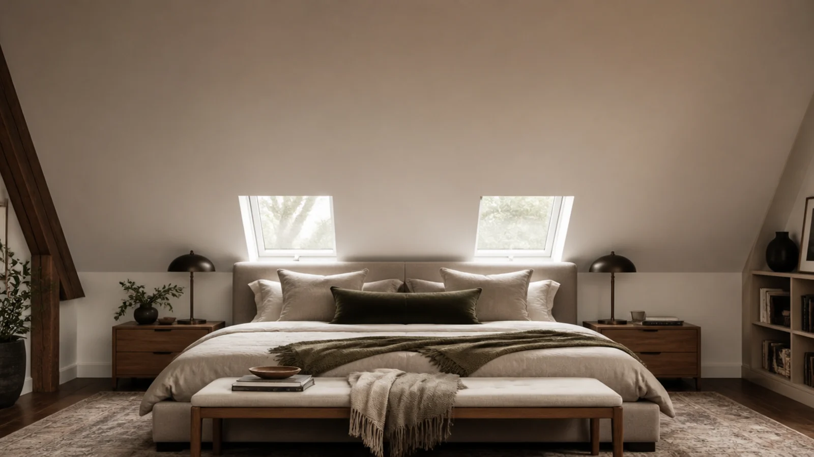 tall view of a loft master bedroom with a wide bed and roof windows