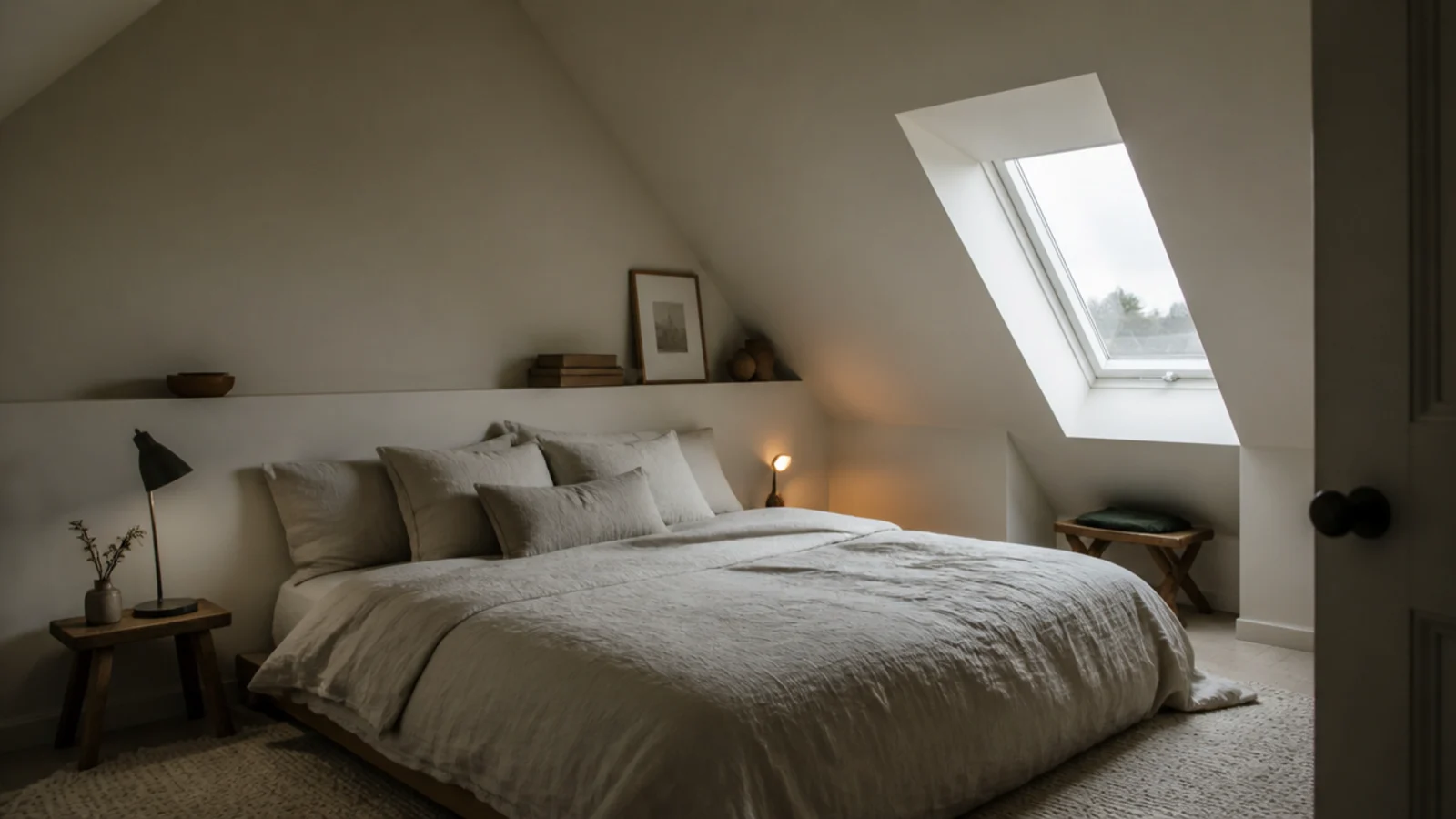 warm off white paint covering an attic wall and slope in even light