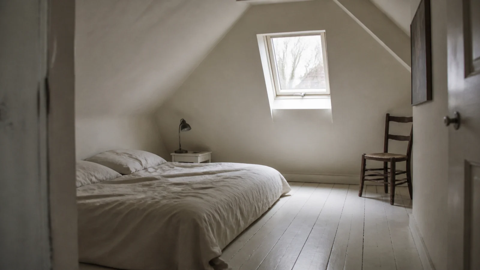 bright chalky bone white brightening a dark small attic bedroom