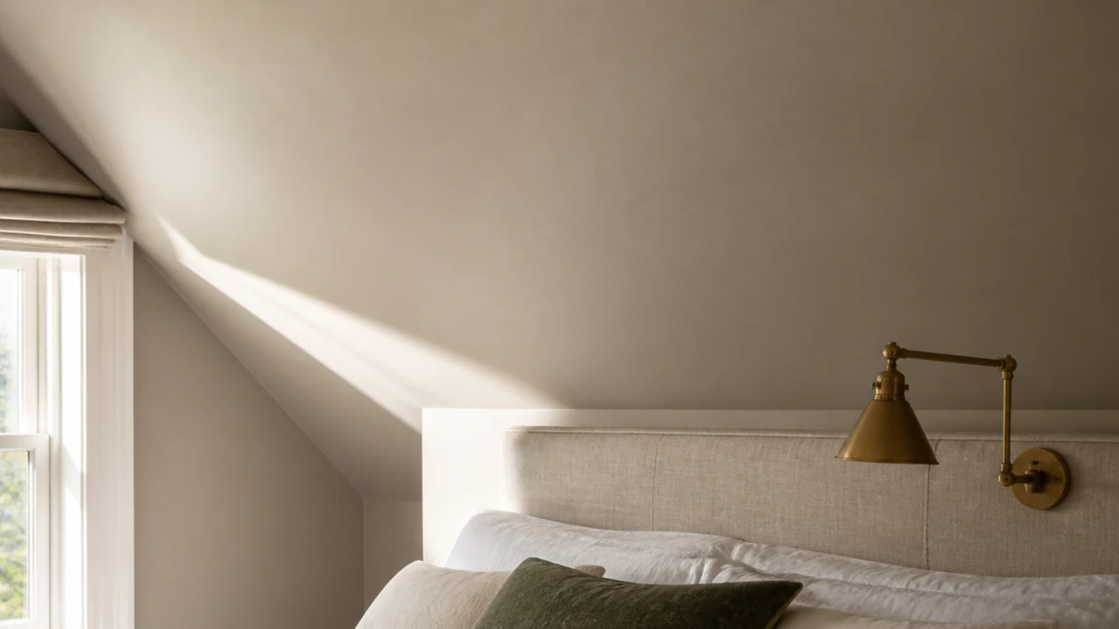 soft greige painted attic slope reading warm under strong daylight