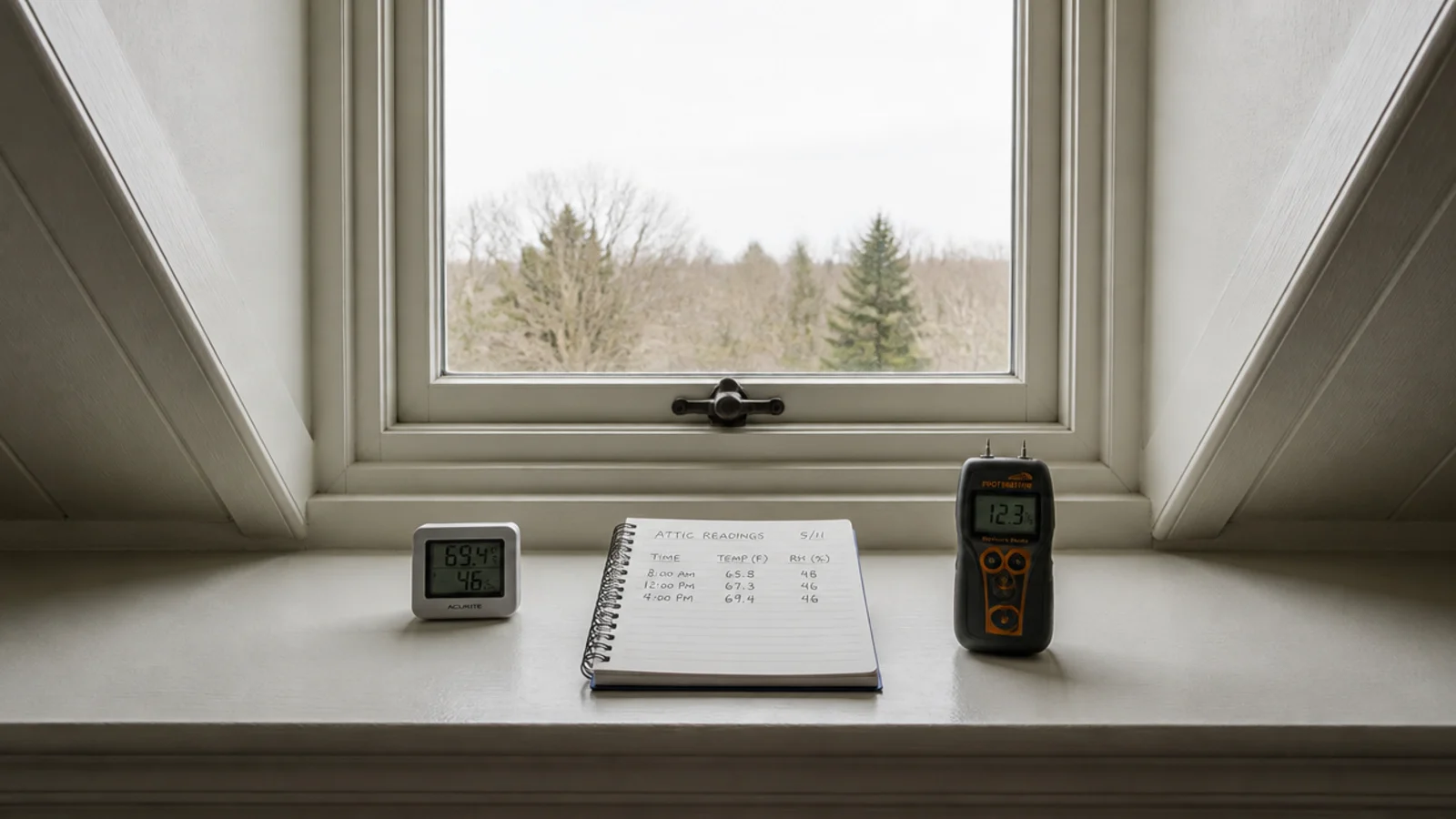 thermometer and moisture meter resting on an attic bedroom windowsill