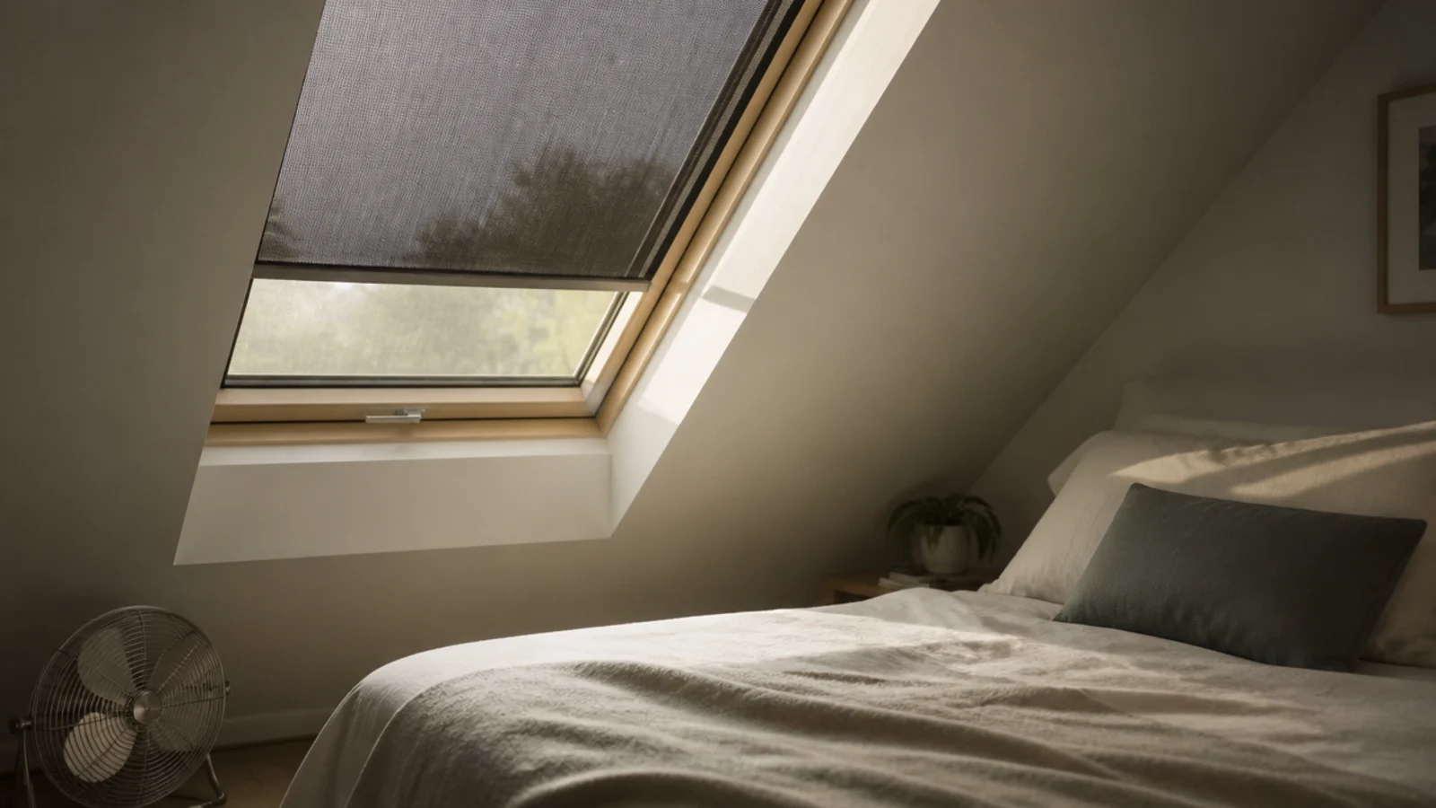 external awning blind fitted above an attic roof window in summer