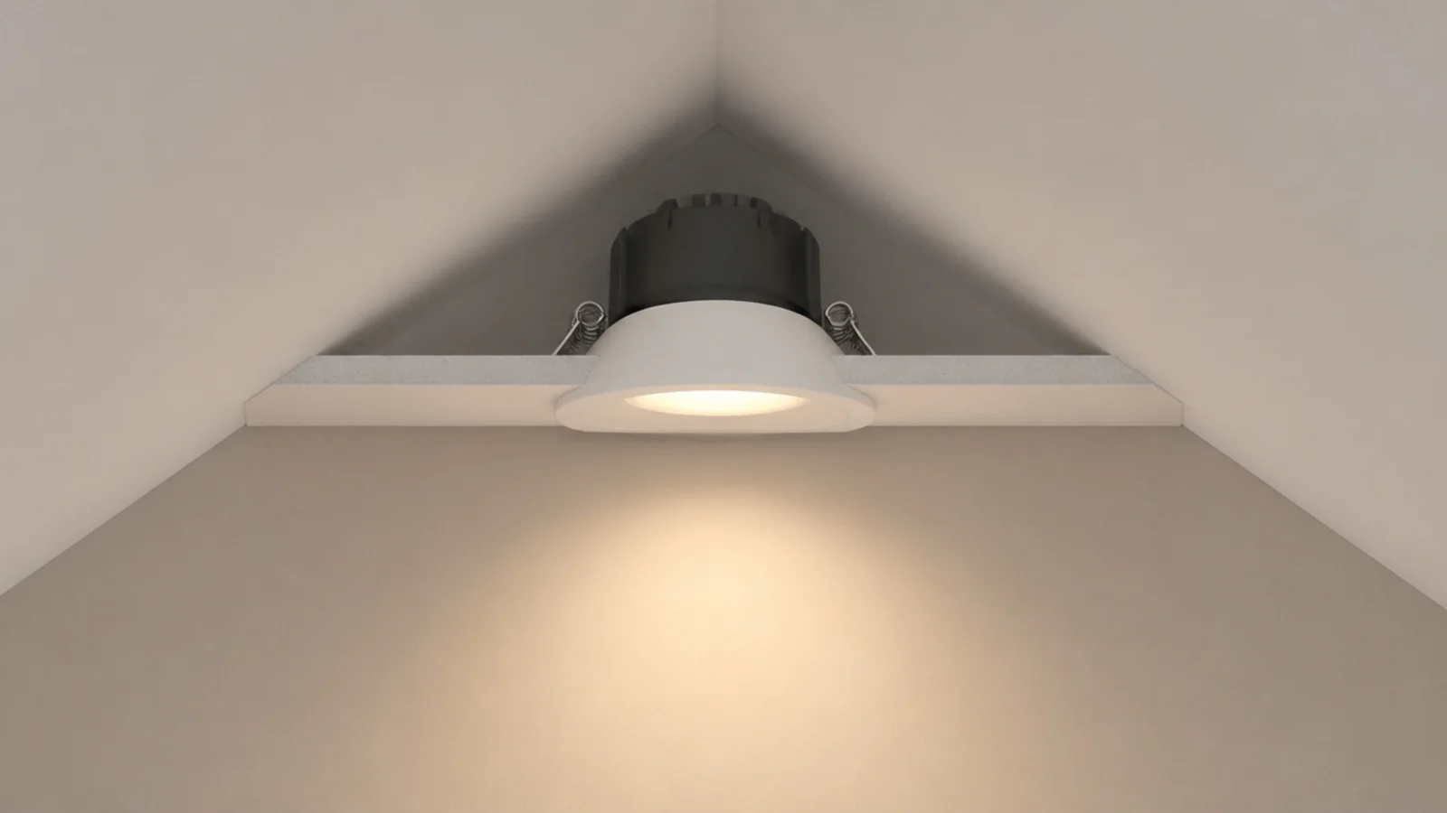 angled trim downlight installed in a pitched attic bedroom ceiling