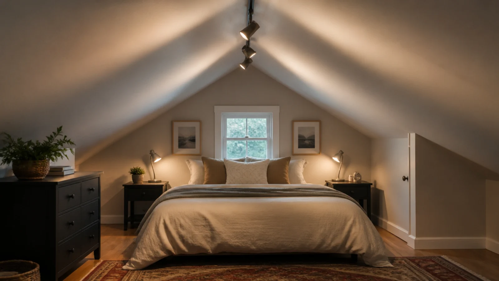 adjustable track heads mounted along the ridge of a sloped attic ceiling