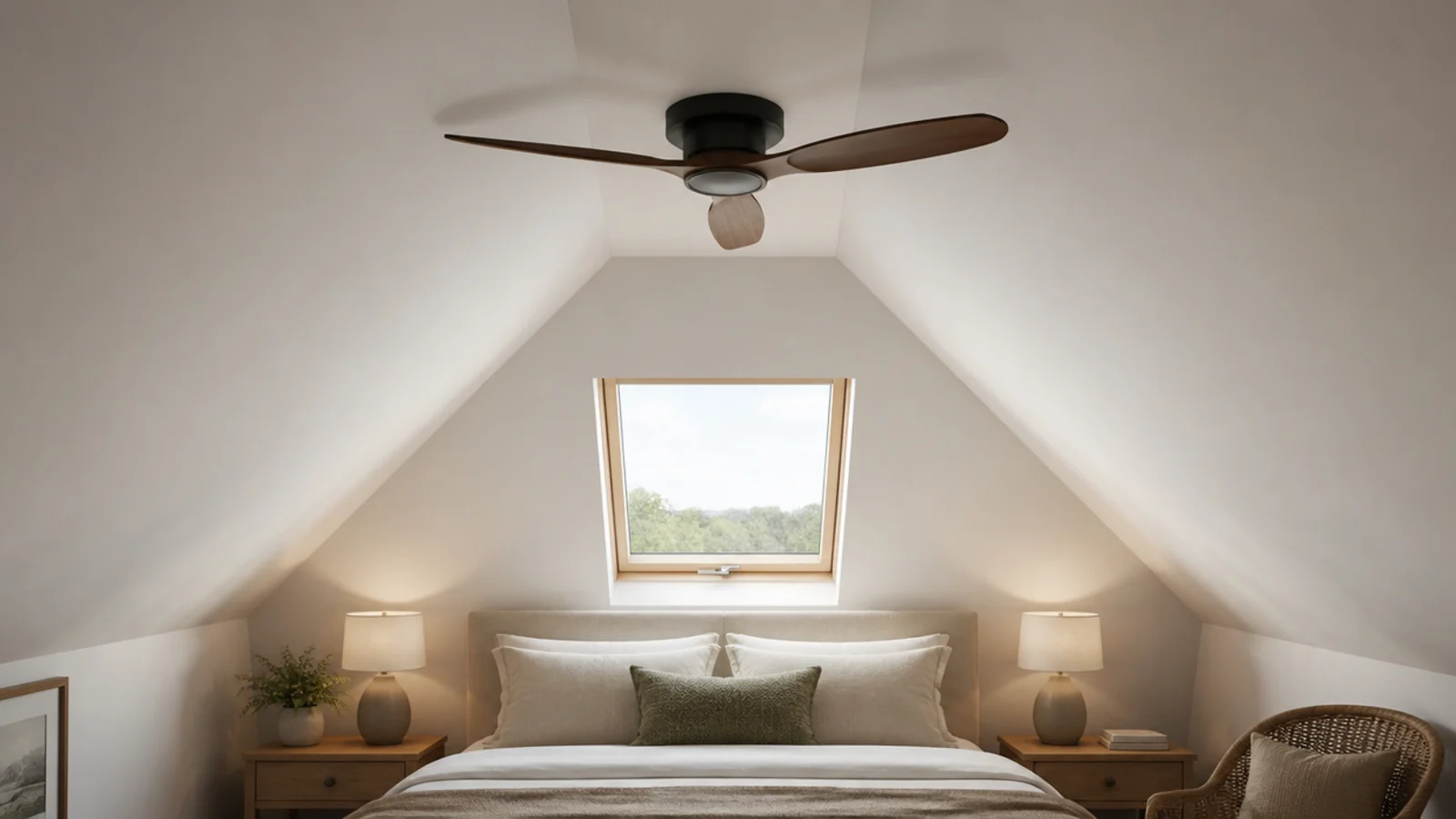 flush ceiling fan fitted to the flat ridge area of a sloped ceiling