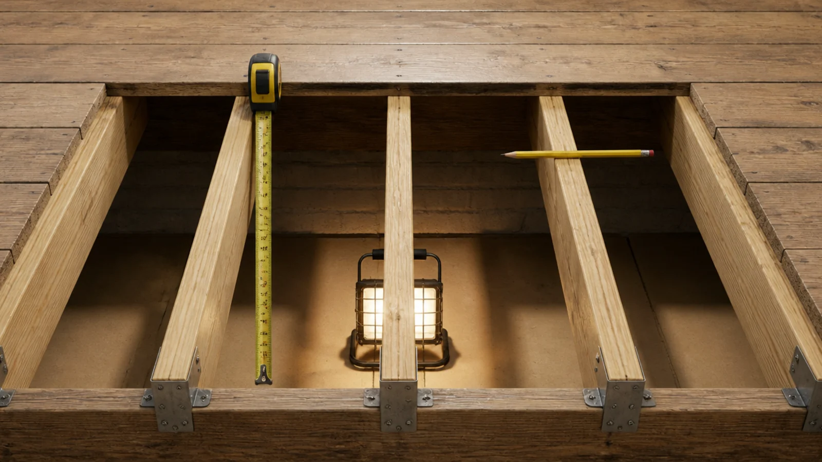 loft floor joists exposed with boards lifted for a structural check