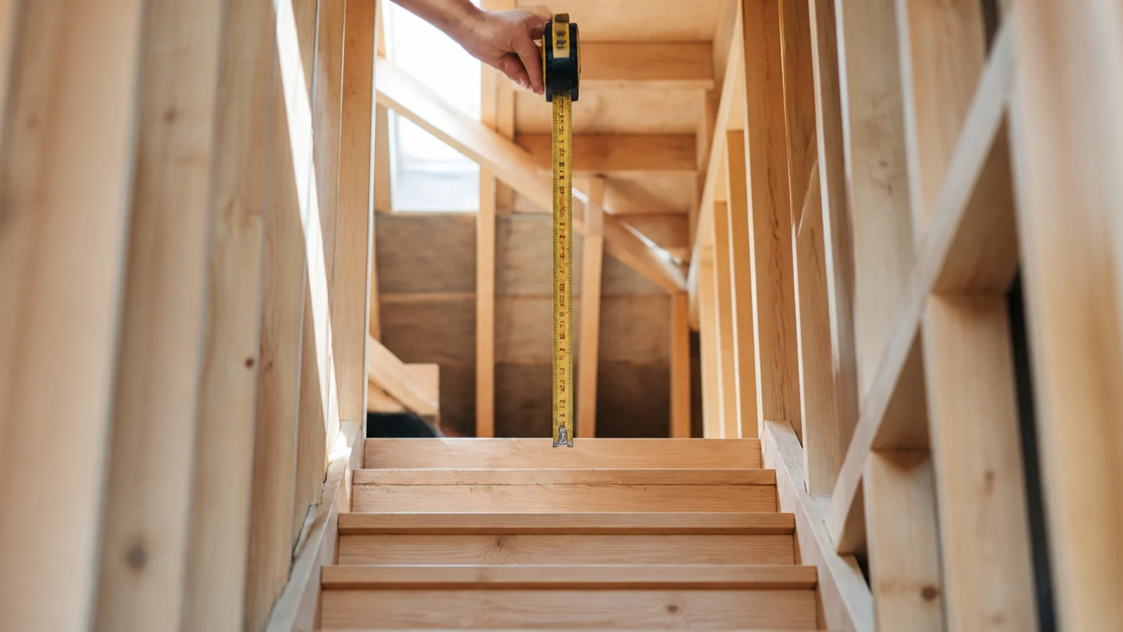 new loft staircase framed in place with headroom being measured