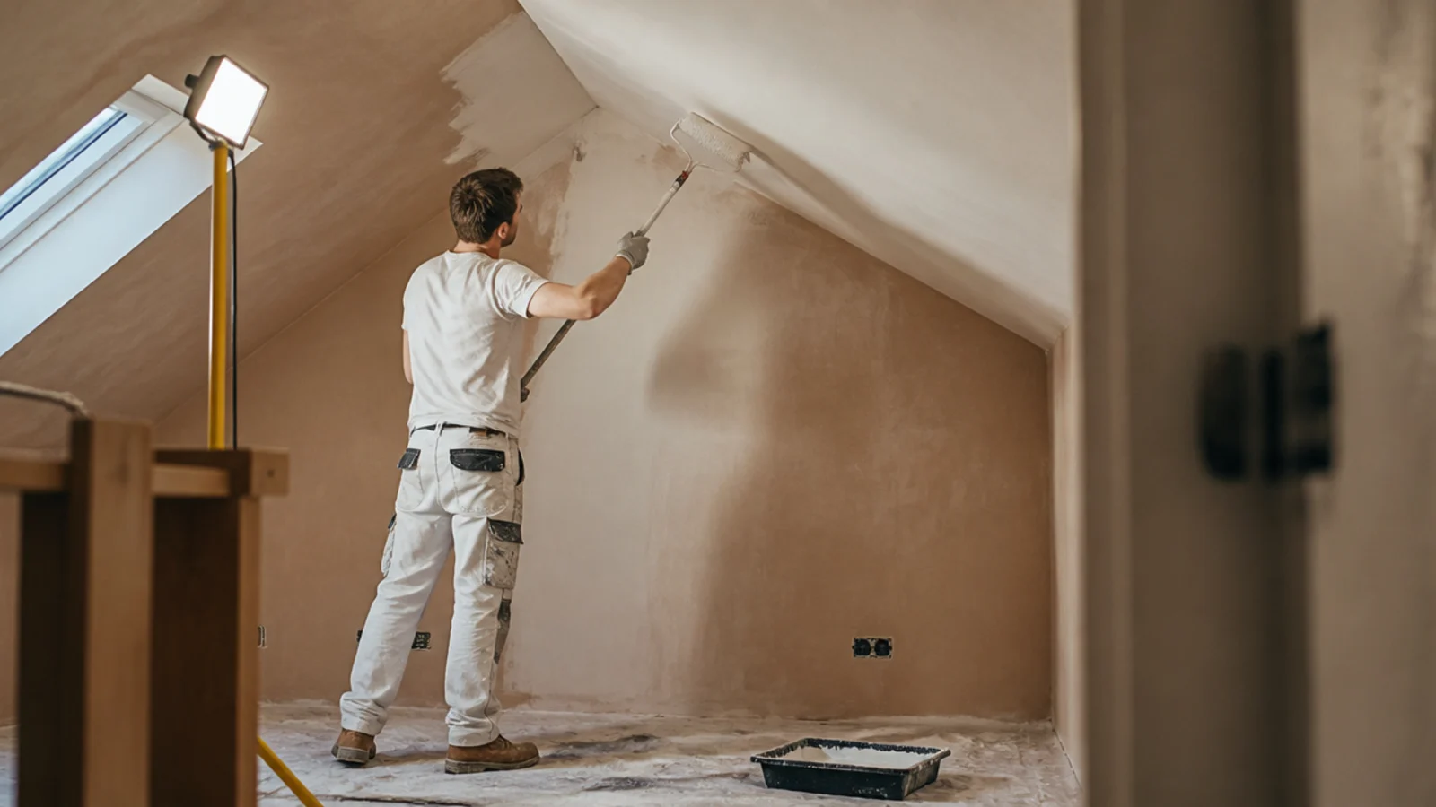 freshly plastered loft slope being rolled in a single pale colour