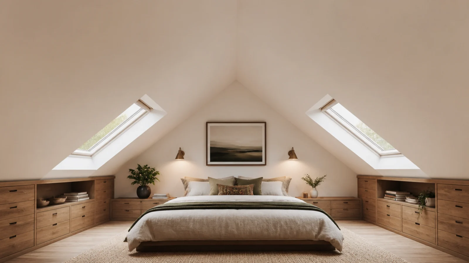 vertical view of a planned loft bedroom with knee wall and roof windows