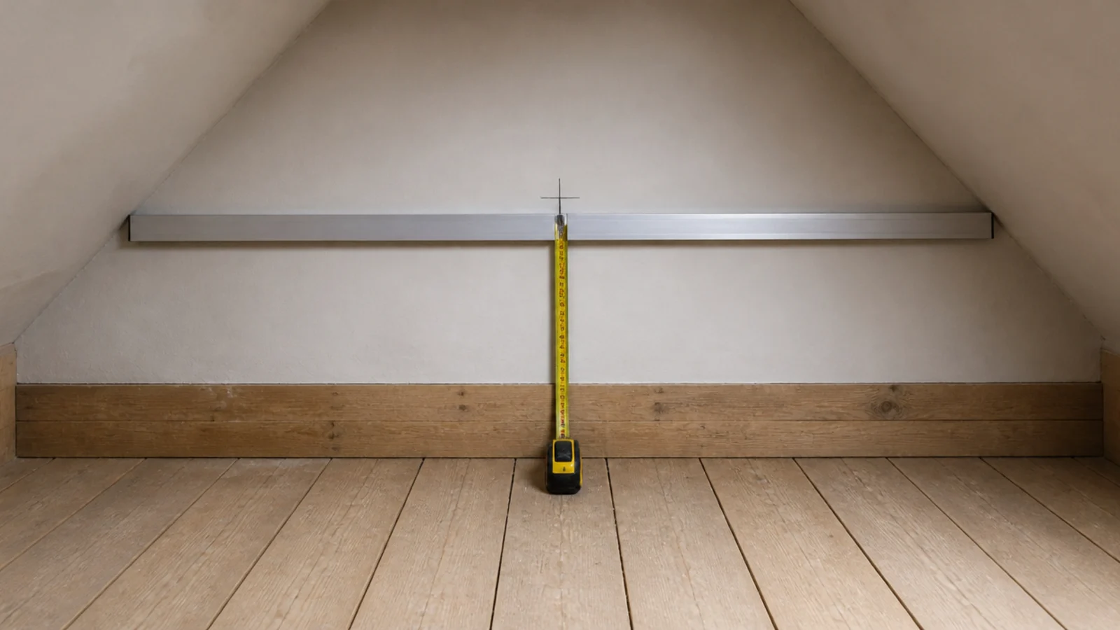 straight edge held against a slanted attic wall to check furniture depth