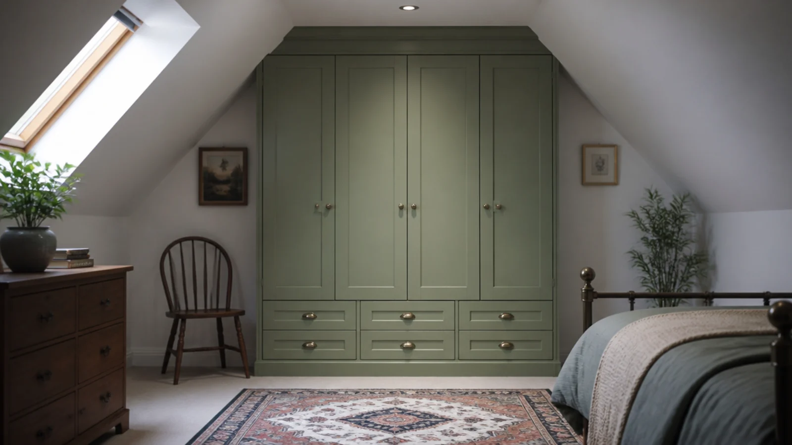 tall wardrobe standing against the one flat wall in a slanted attic room