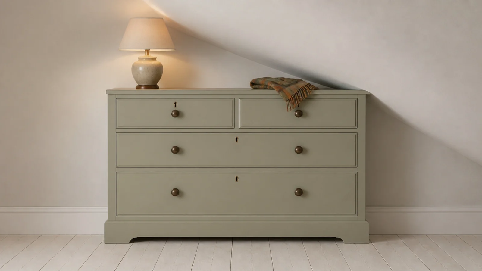 chest of drawers with its rear top corner cut to fit a slanted wall