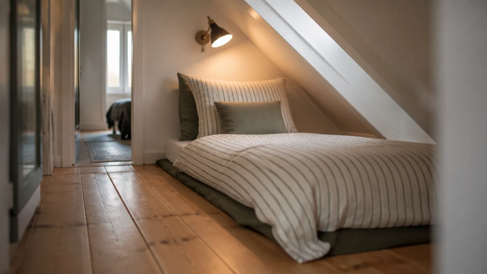 bed lying lengthways along a slanted attic wall with pillows at the high end