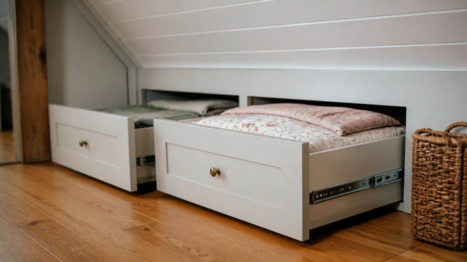 deep drawers pulling out from beneath a slanted attic wall